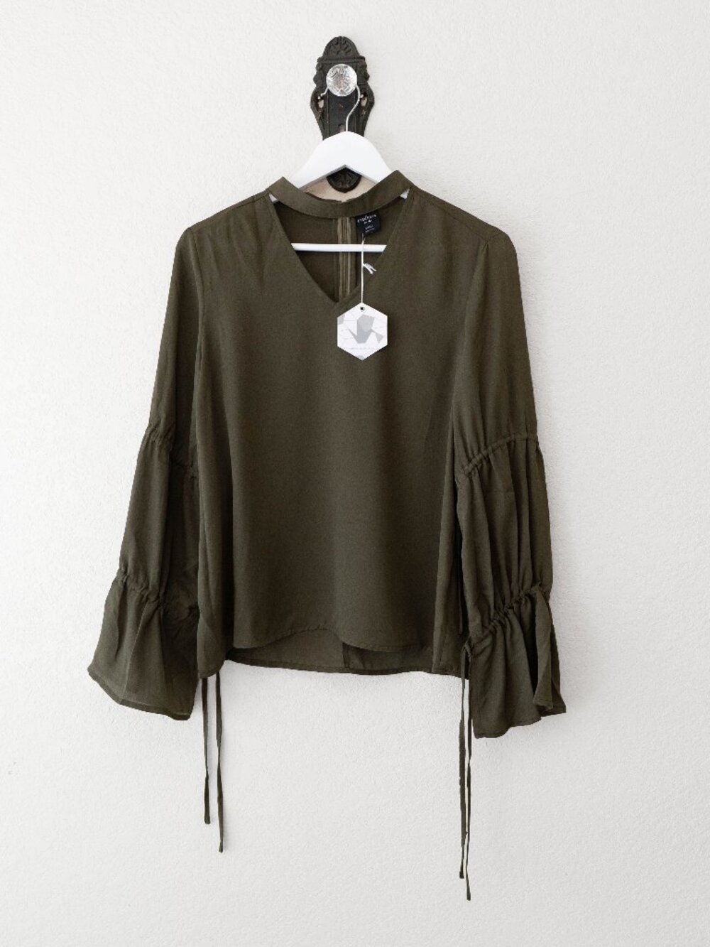 Ethereal Paper Crane Olive Blouse S NWT Bell Sleeve Flowy Boho Lightweight